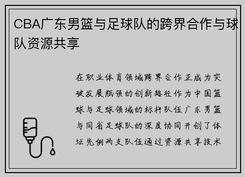 CBA广东男篮与足球队的跨界合作与球队资源共享
