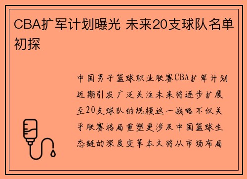 CBA扩军计划曝光 未来20支球队名单初探